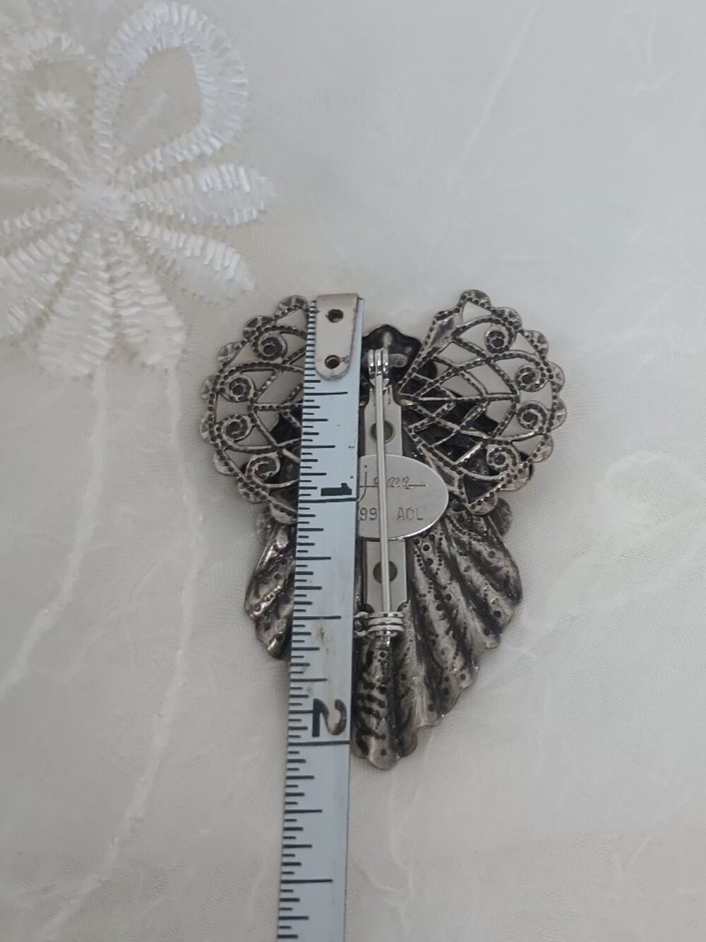 Rare Jane Davis AOL Angel of Love Brooch Antiqued Silver Filigree & Faux Pearl - Picture 5 of 5